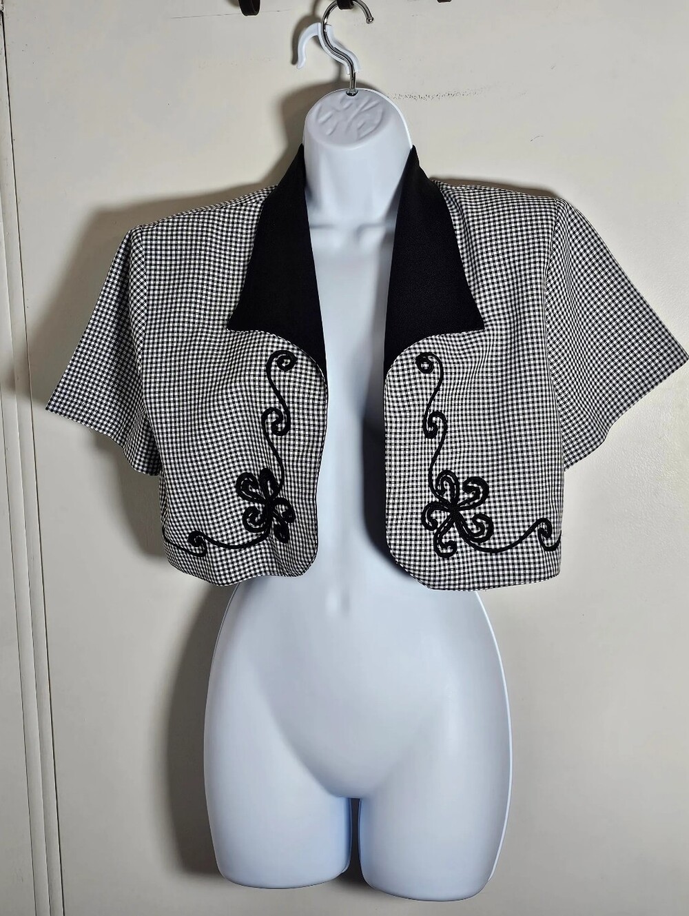 Vintage 80s 90s Prelude USA Gingham Bolero Jacket Cropped Blazer Black White M